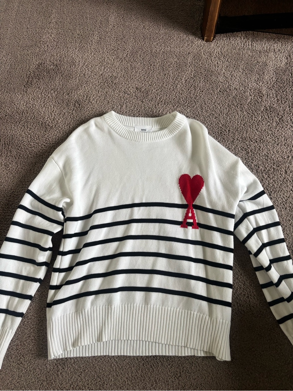 Ami White Crewneck Sweater with Navy Stripes and Red Heart A